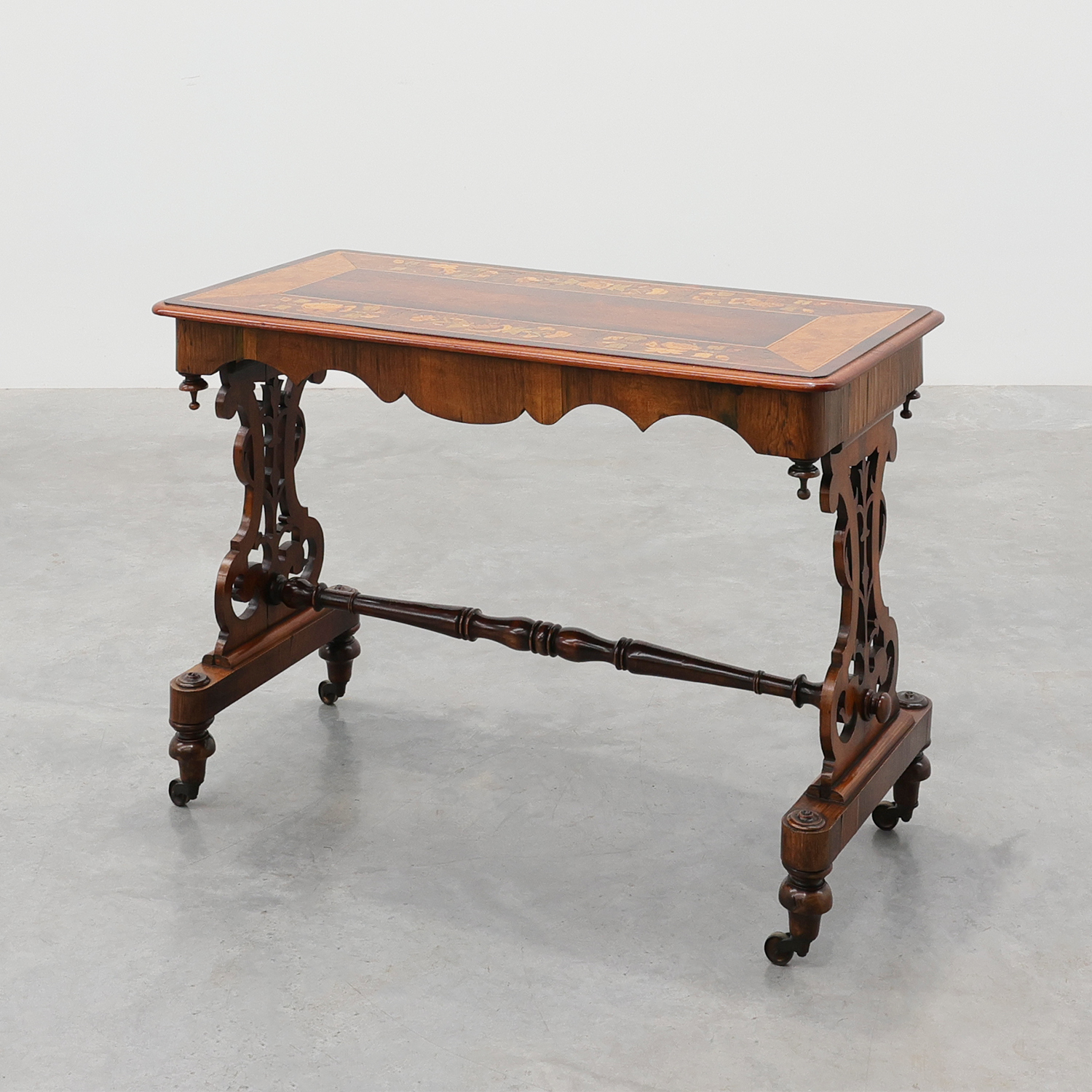 Victorian Walnut Side Table with Inlaid Top and Pierced Scroll Ends, England, circa 1870-img